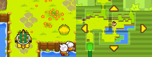 Bowser near a clump of grass which contains a Five Coin in Bumpsy Plains of Mario & Luigi: Bowser's Inside Story.