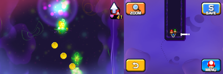 Mario near 43 Coins (with 3 visble) in Dream's Deep accessed by Dreamy Mushrise Park accessed by the Eldream Pi'illo of Mario & Luigi: Dream Team.