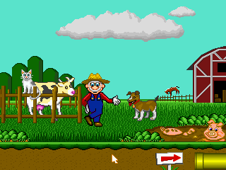 Old MacDonald Had a Farm: Displays Mario dressed as Old MacDonald choreographing to the song. The song itself features a cat, then a cow, then a dog, then two pigs.