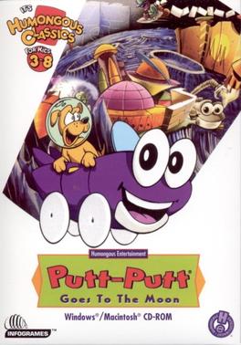 The image depicts the box for the Humongous Classics CD-ROM for the game Putt-Putt Goes to the Moon. Putt-Putt, a purple cartoon automobile with eyes, is front and center on the main box artwork. Riding in Putt-Putt is a cartoon dog with a space helmet. They are in front of a sliced scene depicting the surface of the moon, stylized, with some kind of moonbase and a large gate further in the distance. A cartoon space rover with eyes peeks out from behind the moonbase.