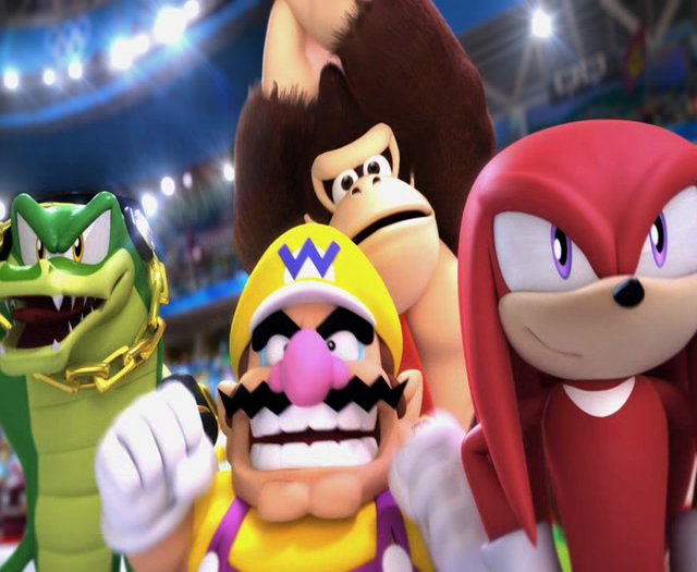File:MASATOWG Vector, Wario, DK and Knuckles celebrating.png