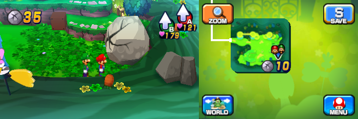 Mario and Luigi near a boulder containing a Coin in Mushrise Park of Mario & Luigi: Dream Team.