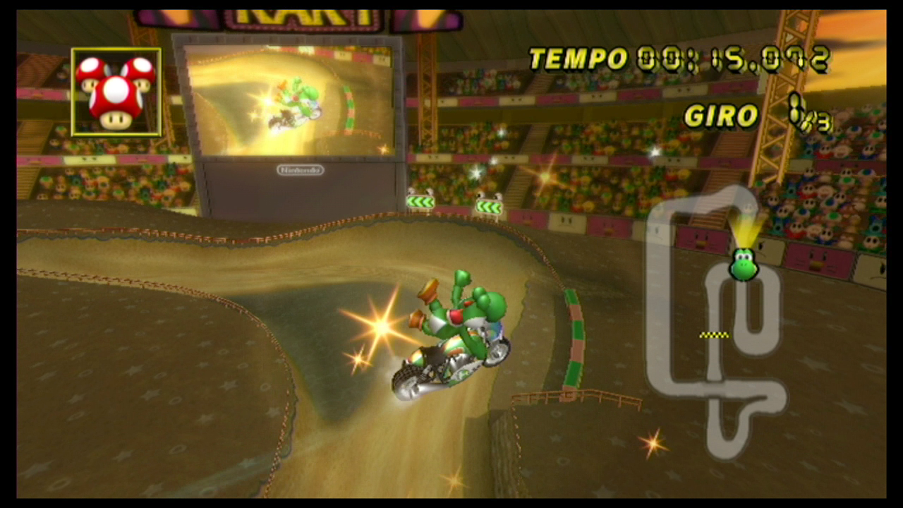 Yoshi, on a Mach Bike, performing a different "high left" trick.