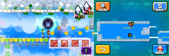 Mario and Luigi near 8 Coins (with 6 visible) in Dreamy Wakeport accessed by the Bedsmith Pi'illo/Pi'iloper's Dreampoint of Mario & Luigi: Dream Team.