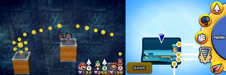 Group near 13 Five Coins, 4 10-Coins and a 100-Coin in Mount Brrr of Mario & Luigi: Paper Jam.