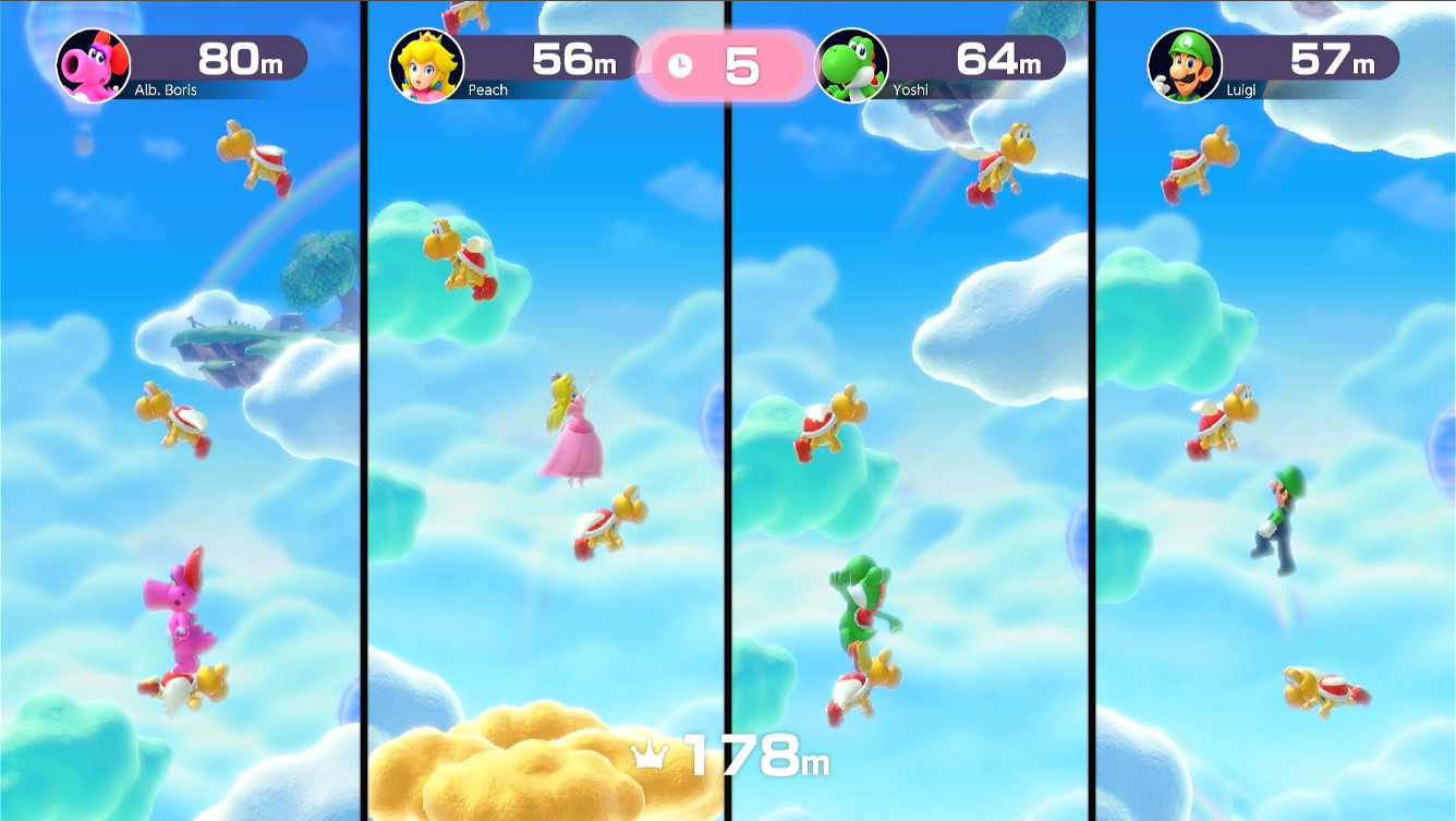 What Goes Up... Jump on Koopa Paratroopas to reach breathtaking heights! Whoever reaches the highest altitude wins!