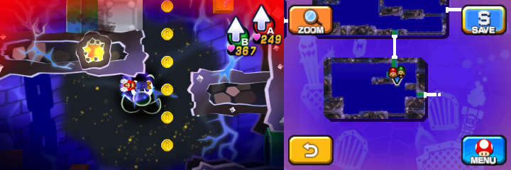 Mario near 6 Coins in Dreamy Neo Bowser Castle accessed by the first Koopa Clown Car Dreampoint of Mario & Luigi: Dream Team.