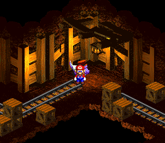 Croco leaving behind the Bambino Bomb and stolen Coins after being defeated in the mines of Moleville of Super Mario RPG: Legend of the Seven Stars.