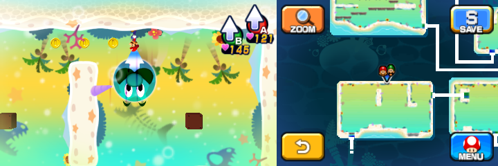 Mario near 3 Coins in Dreamy Driftwood Shore housing Seadric the Seadring of Mario & Luigi: Dream Team.