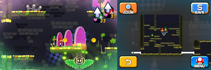 Mario and Luigi near two Coins in Dreamy Pi'illo Castle accessed by a Pink Pi'illo of Mario & Luigi: Dream Team.