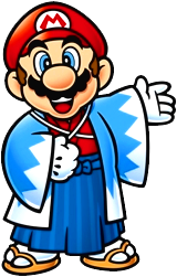 Mario in traditional Japanese attire, wearing a hakama and a haori. Promotional artwork by Nintendo for the Kyoto Cross Media Experience 2009 (2009-09-26 to 2009-10-04).