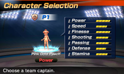 Pink Gold Peach's stats in the soccer portion of Mario Sports Superstars
