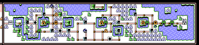 Animation of the Ice Land map in its default state in Super Mario Bros. 3. The odd tiles to the left are loaded, but are not visible on most screens due to that being the surplus area to allow for smooth horizontal scrolling