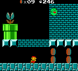 A screenshot of World 1-2 (VS Game) in Super Mario Bros. Deluxe, showing, among other things, Small Mario, a Green Boo, a Green Piranha Plant in a Warp Pipe, and some coins.