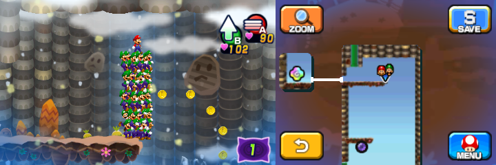 Mario and Luiginoids (in the shape of a stack) near 5 Coins in Dreamy Mount Pajamaja accessed by the second Blue Pi'illo of Mario & Luigi: Dream Team.