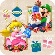 Icon for one of the presets in the 2024 Holiday Create-a-Card application. Pictured are Princess Peach (bottom left) and Luigi.