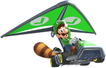 Luigi, with a Tanooki-tailed kart.