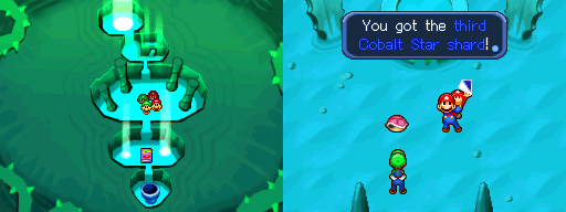 The quartet picking up the Cobalt Star Shard in Gritzy Caves of Mario & Luigi: Partners in Time.