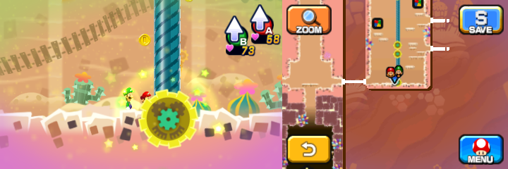 Mario and Luigi near 4 Coins (with 1 visible) in Dreamy Dozing Sands accessed by Dreampoint housing the Dream Stone's spirit of Mario & Luigi: Dream Team.