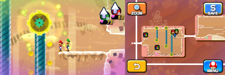 Mario and Luigi near 6 Coins (with 4 visible) in Dreamy Dozing Sands accessed by Dreampoint housing the Dream Stone's spirit of Mario & Luigi: Dream Team.