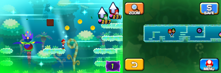 Mario near 3 Coins in Dreamy Somnom Woods accessed by the first Pi'illo Master of Mario & Luigi: Dream Team.