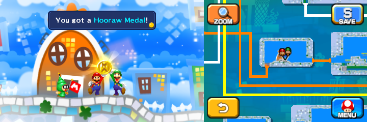 Mario and Luigi holding the Hooraw Medal after defeating Heavy Zest in Dreamy Wakeport accessed by Big Massif's Dreampoint of Mario & Luigi: Dream Team.