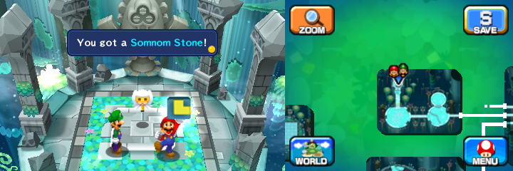 Mario getting the Somnom Stone from a Pi'illo Master in Somnom Woods of Mario & Luigi: Dream Team.