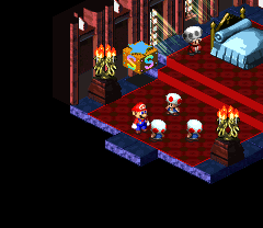 Toad in the Peach's room giving Mario a Flower Tab in the Mushroom Kingdom of Super Mario RPG: Legend of the Seven Stars.