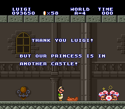 Luigi saving 5 Mushroom Retainers at the end of World A.