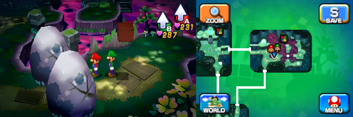 Mario and Luigi near two boulders containing a Coin each in Somnom Woods of Mario & Luigi: Dream Team.