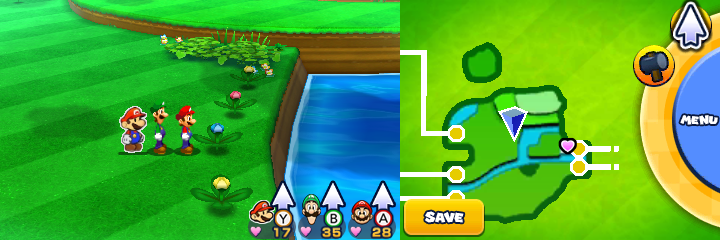 Group near 4 spinny flowers containing a Coin each in Sunbeam Plains of Mario & Luigi: Paper Jam.