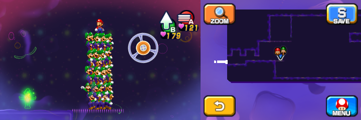 Mario and Luiginoids (in the shape of a stack) on the platform below the part of the scene containing 9 Coins in Dream's Deep accessed by Dreamy Pi'illo Castle accessed by the Dreampoint of Mario & Luigi: Dream Team.