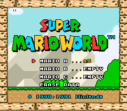 American title screen of Super Mario World, with all 96 exits found.