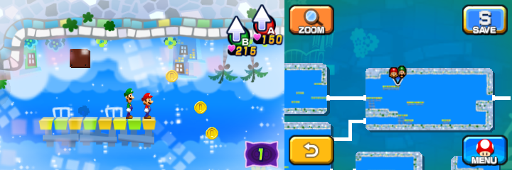 Mario and Luigi near 3 Coins in Dreamy Wakeport accessed by the Bedsmith Pi'illo/Pi'iloper's Dreampoint of Mario & Luigi: Dream Team.