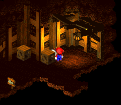 First Crook leaving behind a Flower Tab after being defeated in the mines of Moleville of Super Mario RPG: Legend of the Seven Stars.