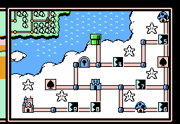 The Sky Land map in its default state in Super Mario Bros. 3. The odd tiles to the left are loaded, but are not visible on most screens due to that being the surplus area to allow for smooth horizontal scrolling. Due to the unique tiles on this map (the cloud edges, stars, and distant land) sharing VRAM space with artillery animations, this map is not animated in-game