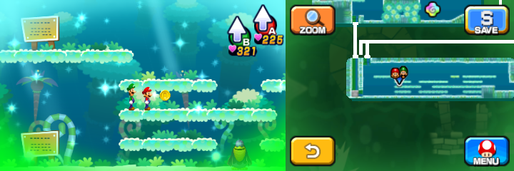 Mario and Luigi near a Coin in Dreamy Somnom Woods accessed by the Dreampoint of Mario & Luigi: Dream Team.