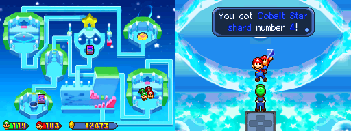 The quartet picking up the first Cobalt Star Shard in Star Shrine of Mario & Luigi: Partners in Time.