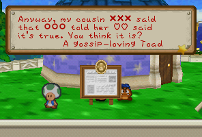 Mario and Goombario reading from the back side of the notice board in Toad Town in Paper Mario