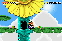 Wario and two Imomushis in the level Wildflower Fields