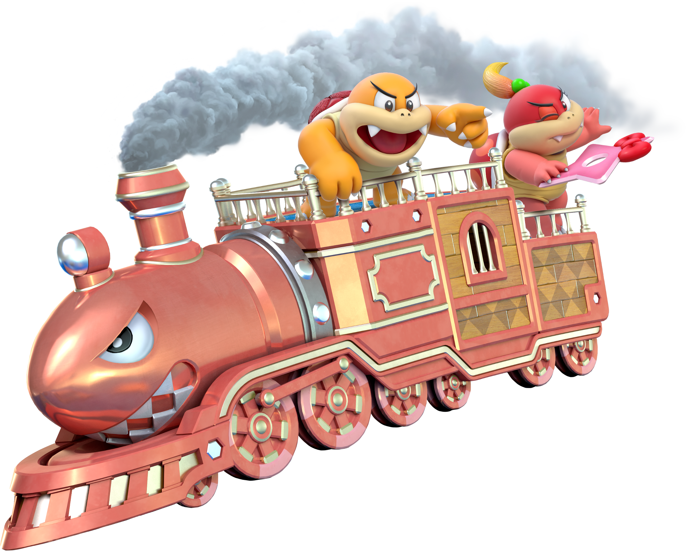 Artwork of Boom Boom and Pom Pom on a train, from Super Mario 3D World.