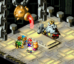 Mario, Princess Toadstool, Mallow, Geno, and Bowser prepare for a battle with Smithy, the leader of the Smithy Gang.