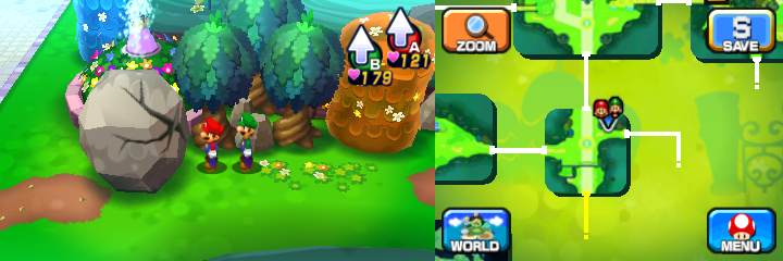 Mario and Luigi near a boulder containing a Coin in Mushrise Park of Mario & Luigi: Dream Team.