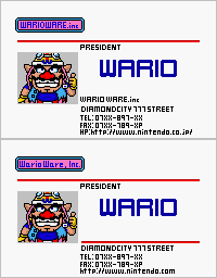 Wario's WarioWare, Inc. / Wario Company staff card, as seen in the Japanese version (top) and in western versions (bottom)