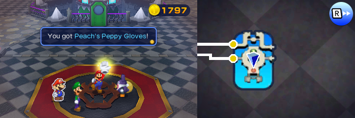 Mario getting the Peach's Peppy Gloves from Nabbit in the Bad Nabbit mission of Mario & Luigi: Paper Jam.