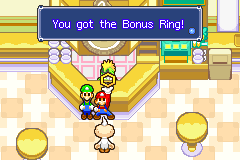 Mario and Luigi getting the Bonus Ring from Professor E. Gadd in Beanbean Castle Town of Mario & Luigi: Superstar Saga.