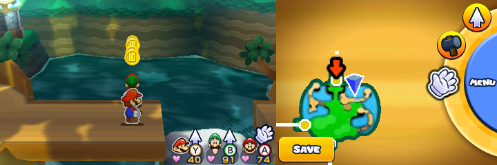 Group near 2 Five Coins and 2 10-Coins in Gloomy Woods of Mario & Luigi: Paper Jam.