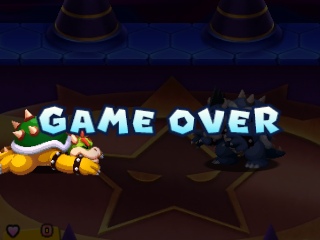 Screenshot of the Game Over screen from Mario & Luigi: Bowser's Inside Story + Bowser Jr.'s Journey