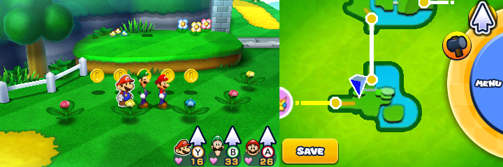 Group near 5 Coins in Sunbeam Plains of Mario & Luigi: Paper Jam.