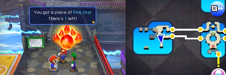 Mario picking up the Fire Ore in Neo Bowser Castle of Mario & Luigi: Paper Jam.